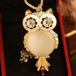 Opalescent White Jeweled Owl Pendant Necklace